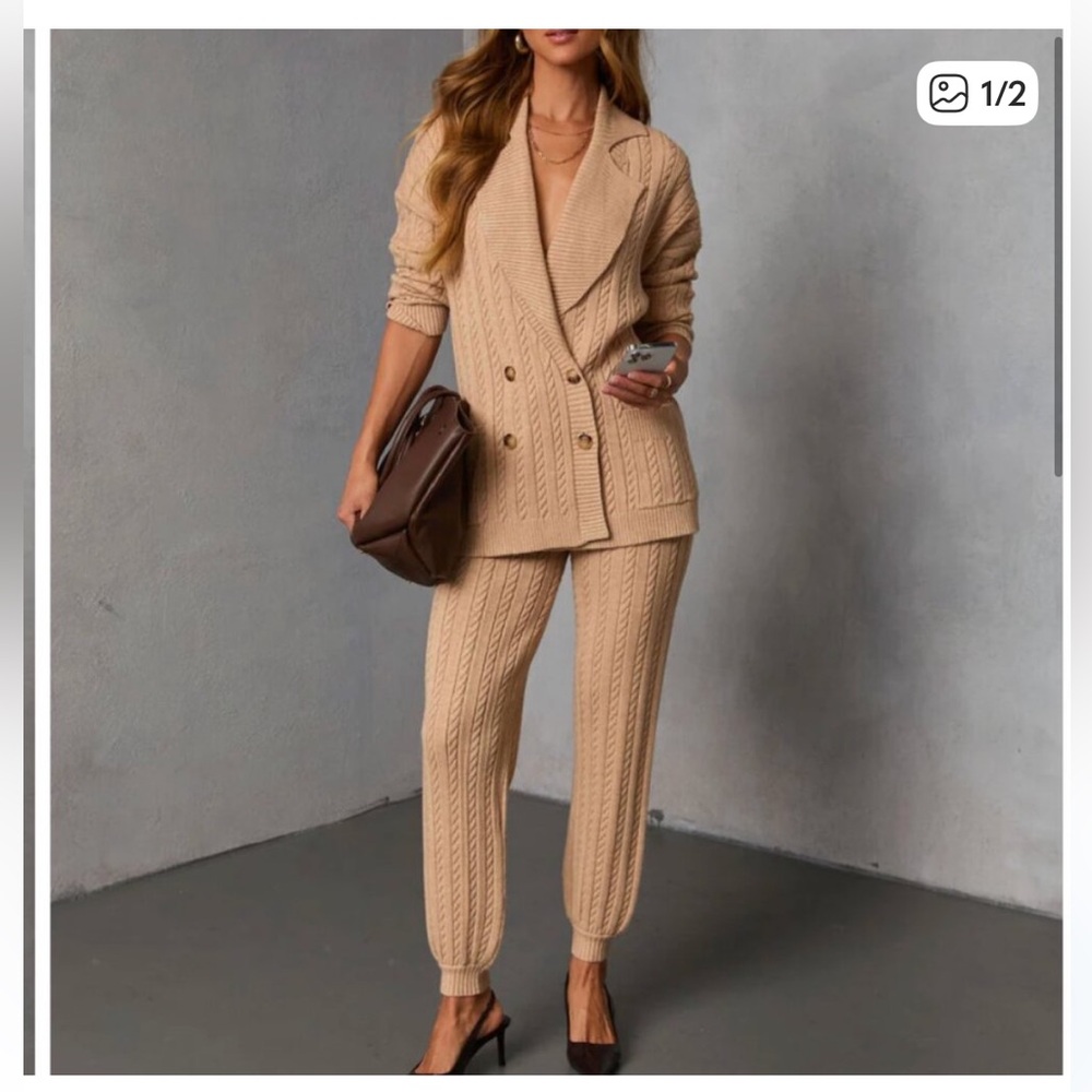 Cuddle Me Double Breasted Knit Sweater and high rise knit pant- VICI small